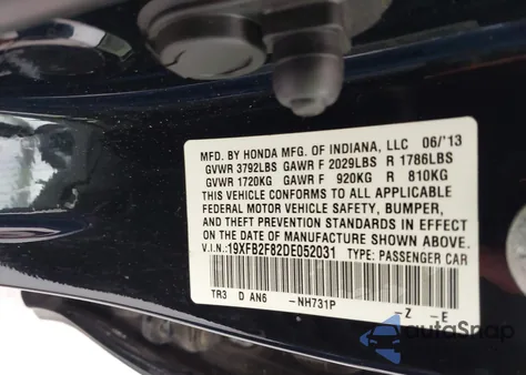 2013 Honda Civic Ex z USA, uszkodzony, nr VIN 19XFB2F82DE052031